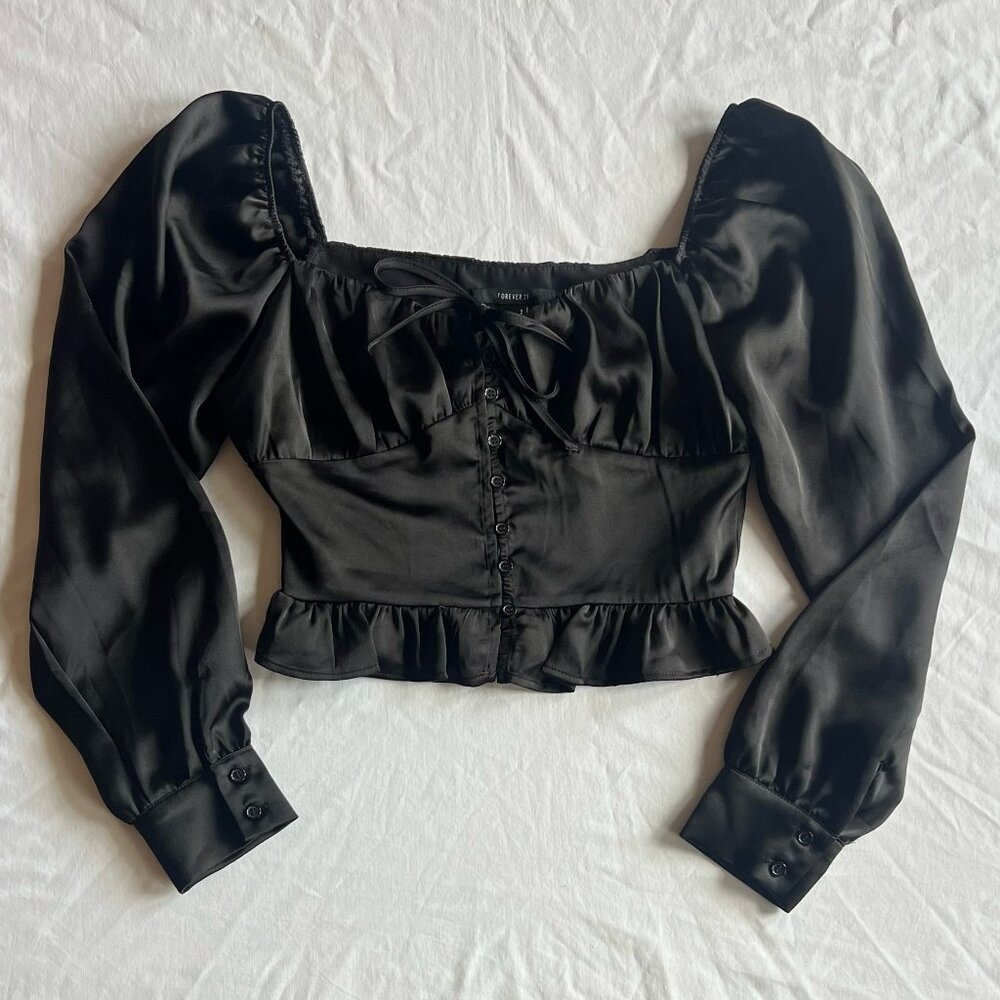 Forever 21 Black Satin Long Sleeve Cropped Corset Top - Women's Small